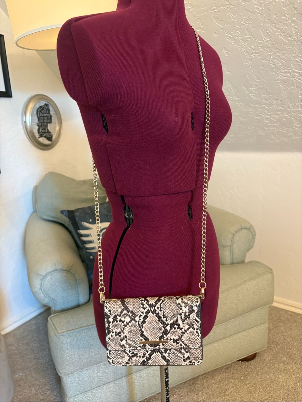 JustFab Snake-Print Mini Crossbody with Gold Chain